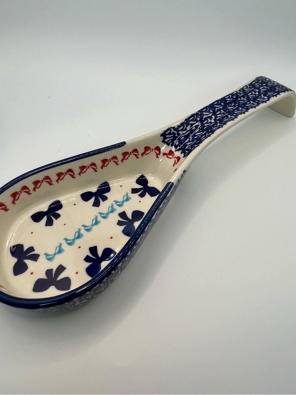 Handcrafted Polish Pottery Ceramic Spoon Rest in Navy, Red and Cream